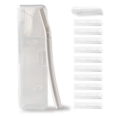 Imagen de Ruimooto Maquinilla de afeitar para cejas con 10 cuchillas inoxidable, depiladora facial mujeres, rostfreies metallmaterial, cortadora y pelo melocotón, color plateado