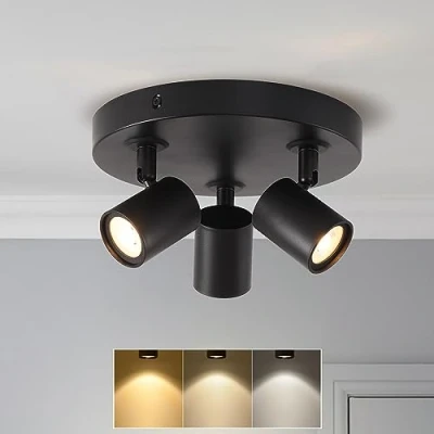 Imagen de ANWIO 15W Lampara Techo Focos, 3 Focos Led Interior Techo, Apliques Negro, Base Redonda, Giratorios Plafón Foco de LED(Bombillas Incluidas).(EUCS LG11A)