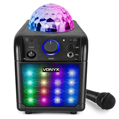 Imagen de Vonyx SBS50B_Plus Altavoz portátil Set de Karaoke para Fiesta con micrófono y Efecto Eco, Bluetooth, Bola Discoteca Efectos Luces LED Luminosos Frontales Negro