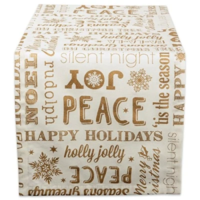 Imagen de DII Mantel 100% algodón, Lavable a máquina, impresión metálica de Vacaciones 52 x Pulgadas Asientos 4 Personas, Christmas Collage Gold, Table Runner 14x108