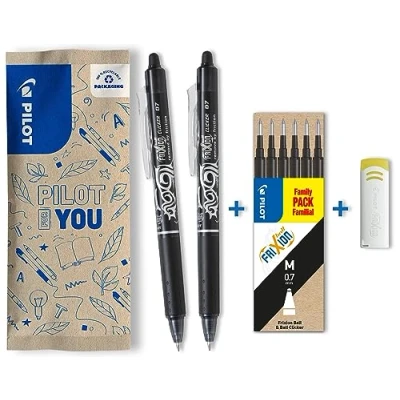 Imagen de Pilot Frixion Clicker Bolígrafo de tinta gel borrable y recargable con mecanismo presión termosensible, color negro (2 bolígrafos, 6 minas 1 goma borrar), punta media