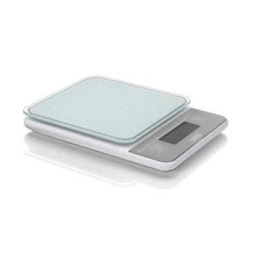 Imagen de Báscula electrónica para baño blanca con rayas azules y grises peso máx. 150Kg