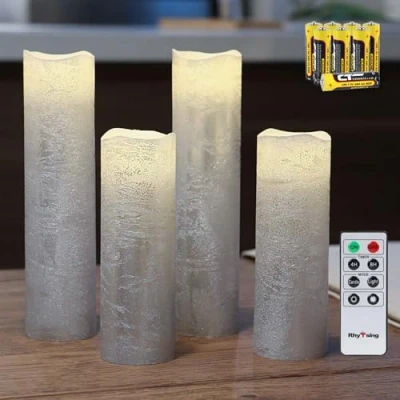 Imagen de Rhytsing Paquete de 4 Efecto Ombré Plateado LED Velas a Pilas con Mando Distancia para Navidad Decoración, H15cm/ 20,5cm