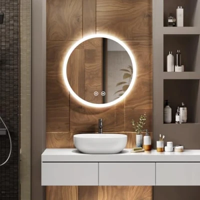 Imagen de EMKE Espejo de Baño con Iluminación, Diámetro 50cm, Redondo Interruptor Táctil, Antivaho, Función Memoria, Luz Cálida/Blanca Fría/Neutra