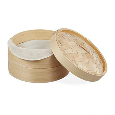 Imagen de Relaxdays 10027851 Vaporera de bambú, Dos Pisos, para Dim Sum, Arroz &amp; Verduras, Cestillo, Ø 26 cm, 1 Ud, Marrón, Papel