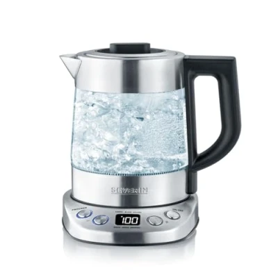 Imagen de SEVERIN tetera y hervidor de agua Deluxe Mini, eléctrica cristal para hasta 1,0 L, pequeña con temperatura ajustable, color acero cepillado/negro, WK 3473