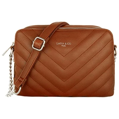 Imagen de CRAZYCHIC Bolso Bandolera Acolchada Mujer de Mano Pequeño Cadena PU Piel Señora Bolsillo Rectangular 2 Compartimentos Ciudad Shopping Marrón Cognac