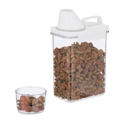 Imagen de Relaxdays Recipiente Comida Mascotas, Vaso Medidor, Cierre Hermético, 1,8 L, Contenedor Pienso o Alimentos, Transparente