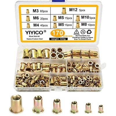 Imagen de YIYICO Tuercas Remachables Remaches Roscados Tuerca de Remache M3 M4 M5 M6 M8 M10 M12 Zincado Acero al Carbono Remachadas Kit 170pcs