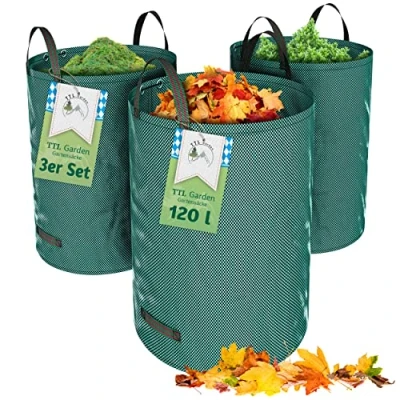 Imagen de TTL Garden Saco de jardín (3 unidades, 120 L, 4 asas 150 gm², extra estable, robusto y plegable, juego 3 unidades litros, bolsa basura para césped, hojas, seto, desperdicios