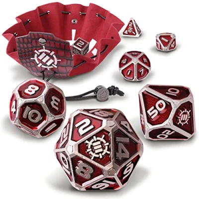 Imagen de ENHANCE DND Juego de Dados Metal 7 poliédricos con Bolsa Cuero Vegano 2 en 1 y Bandeja Dados, sólido para Juegos rol (Edición Coleccionista Rojo)