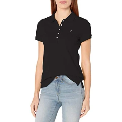 Imagen de Nautica Polo de Manga Corta 5 Botones Transpirable 100% algodón Camisa, Negro (True Black), S para Mujer