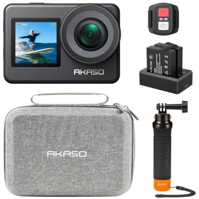 Imagen de AKASO Pack de Buceo Brave 7 Cámara Deportiva 4K 20MP WiFi Acción para Surf y Camara Acuatica Sumergible con Empuñadura Flotante Impermeable Doble Pantalla 2 Baterías