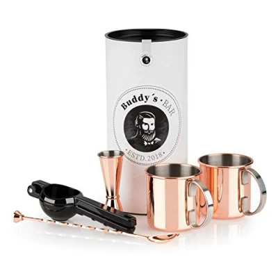 Imagen de Buddy&#039;s bar Moscow Mule juego completo de 2 vasos cóctel 500 ml, cuchara 27 cm, tamaño barra 5 cl y exprimidor limas negro, apto para alimentos, tazas cóctel,