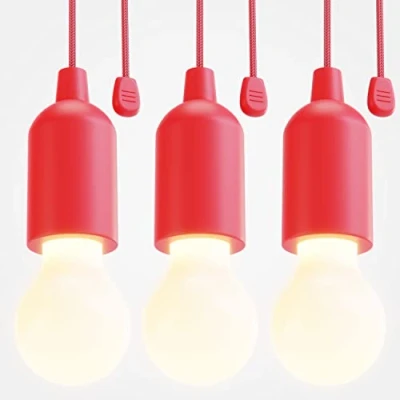 Imagen de ABSINA Lámpara LED a pilas roja 3x Pull Light 1W incl. luz inalámbrica blanco cálido Lampop Bombilla Portátil del Cordón para camping