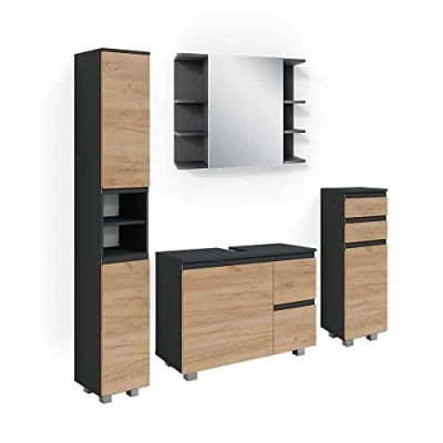 Imagen de Vicco Conjunto de Muebles baño J Shape, Antracita/Roble, 4 Piezas