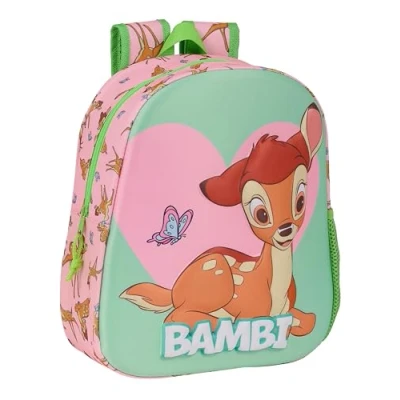 Imagen de Safta BAMBI Mochila Escolar, con Diseño 3D, Adaptable a Carro, Ideal para Niños de Diferentes Edades, Cómoda y Versátil, Calidad Resistencia, 27x10x33 cm, Color Verde/Rosa