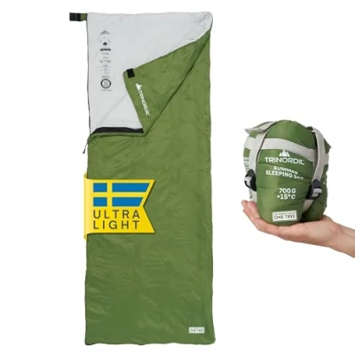 Imagen de Trinordic Saco de Dormir Rectangular Ultraligero con Cremallera Antienganche Adulto Compacto para Verano Camping, Senderismo, Mochilear, Bikepacking y Viajes