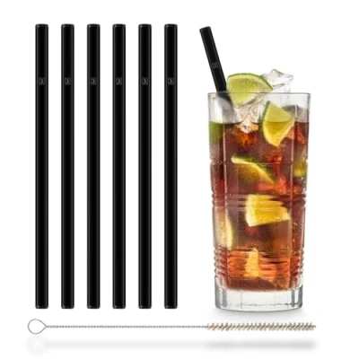 Imagen de HALM Pajitas de vidrio negras reutilizables 6 unidades rectas 20 cm + cepillo limpieza sin plástico Aptas para lavavajillas Sostenibles Sorbetes cristal