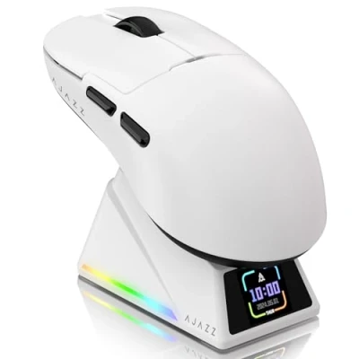 Imagen de ATTACK SHARK Ajazz AJ159APEX PAW3950 Ratón Gaming, 42K dpi, 8K Hz Wireless Polling, Base de Carga Magnética RGB con Pantalla a Color, 56g Ultraligero Mouse, Cableado/2,4G/BT, PC/PS/Mac, Blanco