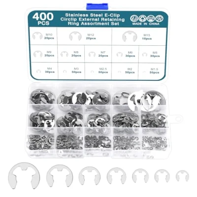 Imagen de HSEAMALL Juego de 400 clips circulares, anillos a presión, retención, externos acero inoxidable E, 1,5 15 mm (13 tamaños) para ejes ranurados, pines, pernos