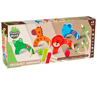 Imagen de PLANÈTE BOIS Croquet Animales FSC 053342 2 A 6 Jugadores Multicolor Madera Juguete Infantil Juego de Habilidad y al Aire Libre 76 cm x 14 Partir 3 Años (MGM 053342)