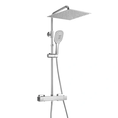 Imagen de JOHO Columna Ducha con Grifo Termostatica Bañera Termostático Conjunto Barra Monomando Altura Ajustable Cabezal de lluvia Cuadrada Cromo 30x30cm
