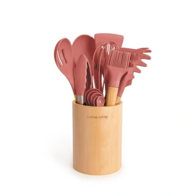 Imagen de CREATE/Set de utensilios terracota y madera / 11 utensilios, silicona haya, libres BPA, resistente al calor hasta 230C