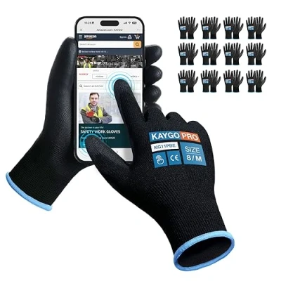 Imagen de KAYGO 12 pares de guantes trabajo para hombres y mujeres, protección recubiertos PU, agarre antideslizante en palmas dedos, trabajos generales (Negro Touchscreen, talla 8)