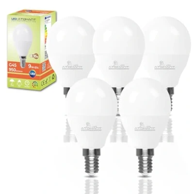 Imagen de LED ATOMANT Pack 5x Bombilla E14 G45 9W, Color Blanco Calido (3000K), 950 Lumenes, Casquillo fino, Equivalente a 80W tradicional