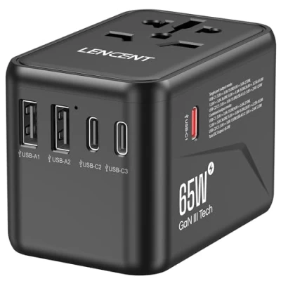 Imagen de LENCENT Adaptador Enchufe Universal GAN III 65W, Cargador Internacional con 2 USB A y 3 C PD Carga Rápida, de Viaje para Móvil, Tableta, Portátil (USA/UK/EU/AUS), Tipo A/C/G/I, Blanco