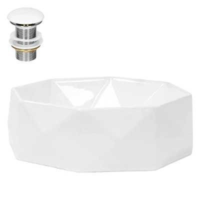 Imagen de ML Design Lavabo Cerámica Blanco Brillante En Forma De Diamante Ø 420 x 135 mm Incl. Juego Desagüe Sin Rebosadero 100 Lavamanos Moderno Encimera/Colgante Con Fijación A La Pared Para Baño