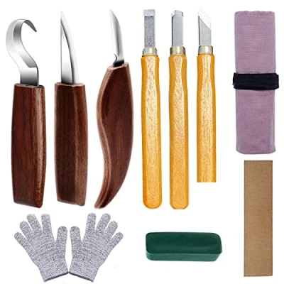 Imagen de juego de herramientas para tallar madera, cuchillos 10 en 1 con mango madera nogal, guantes resistentes a los cortes y piedras afilar(10 unidades 1)