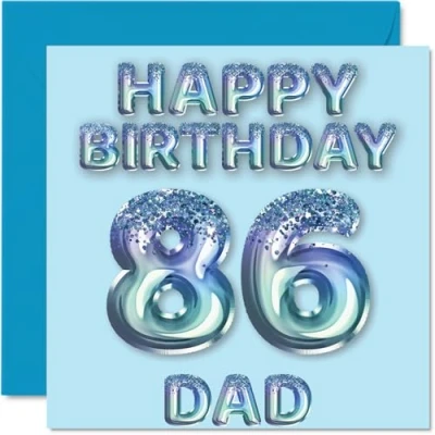Imagen de Tarjeta de cumpleaños número 86 para papá, globos fiesta con purpurina azul, tarjetas feliz papá años, padre hijo e hija, felicitación 145