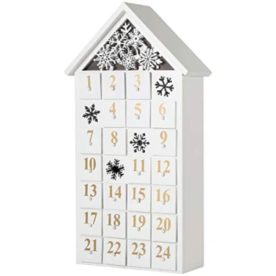 Imagen de BRUBAKER Calendario de Adviento Madera Reutilizable para Rellenar Casa Nieve Blanca con iluminación LED Navidad DIY 24.3 x 45 8 cm