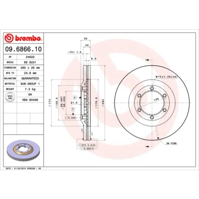 Imagen de BREMBO 09.6866.10 Disco de freno 280 26 6 ventilación interna OPEL: Monterey A, Frontera A SUV, B ISUZU: Trooper 3 II SUV