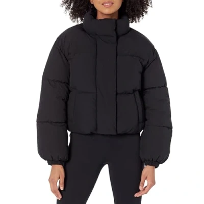 Imagen de Amazon Essentials Chaqueta Acolchada y Recortada con Cremallera Completa (Acolchado Mate o Forro Polar) Mujer, Negro, M