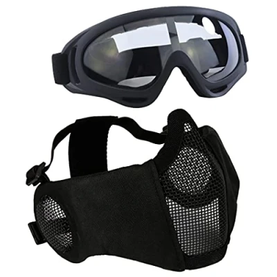 Imagen de AOUTACC juego de equipo protección para airsoft, máscaras malla media cara con auditiva y gafas CS/caza/paintball/tiro (negro)