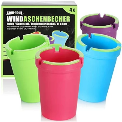 Imagen de com four® 4X Ceniceros para Exterior Cenicero a Prueba de Viento Storm con Tapa Luminosa Coche Papelera Fumar, Ø 8 cm (4 Piezas Violeta Rosa Azul Verde)