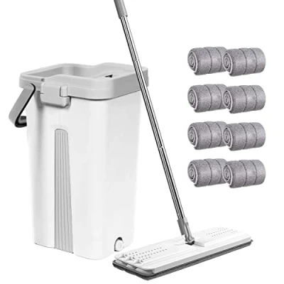 Imagen de Juego de fregona y Cubo, mopa Plana Microfibra para Mojado seco con Mango Acero Inoxidable, Cubo Doble cámara Adecuado Todos los Suelos (Blanco)