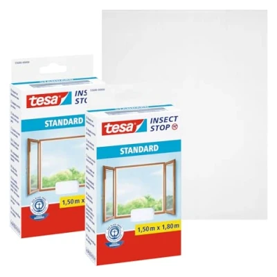 Imagen de tesa Insect Stop Malla Mosquitera STANDARD para Ventanas Paquete de 2 Autoadhesiva Recortable al Tamaño Deseado Blanca, 150 cm x 180