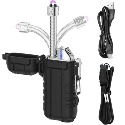 Imagen de Mechero eléctrico de arco eléctrico, recargable por USB, largo con luz y silbato emergencia, portátil, resistente al agua, a prueba viento, sin llama para velas, barbacoa, estufa, camping,