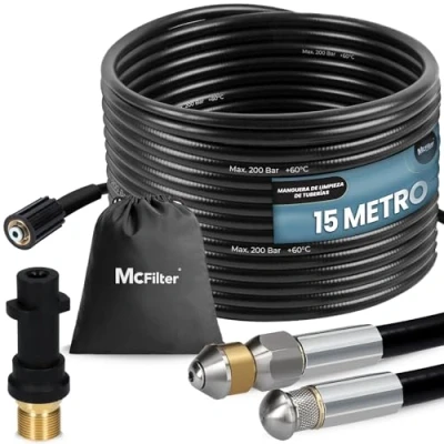 Imagen de McFilter Juego de manguera universal para limpieza tuberías, 15m, 200 bar, bolsa con adaptador, boquillas fijas+rotativas, compatible limpiadoras alta presión Kärcher K2 K3 K4 K5 K6 K7