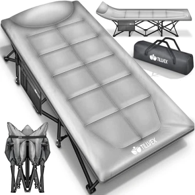 Imagen de tillvex® Cama de camping plegable con bolsa transporte hasta 200 kg Tumbona extra ancha para exteriores e interiores invitados jardín,