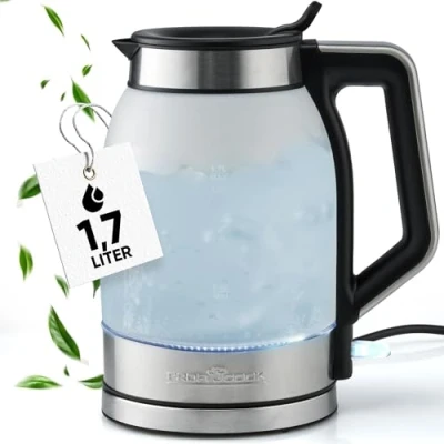 Imagen de ProfiCook® Hervidor de agua 1,7 litros con cristal satinado depósito azul iluminado 1,7L abertura llenado cierre automático sin BPA PC WKS 1215 G