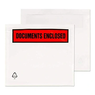 Imagen de Purely Packaging Sobres portadocumentos adhesivos (1000 unidades, plástico, A7, 123 x 111 mm), diseño con texto &quot;Documents Enclosed&quot;