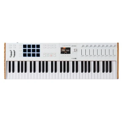 Imagen de Arturia KeyLab 61 MK3 White, teclado c/controlador MIDI producción, paq. software todo en 1 teclas, 9 codificadores, faders, rueda modulación, inflex. tono, 12 almohadillas Blanco