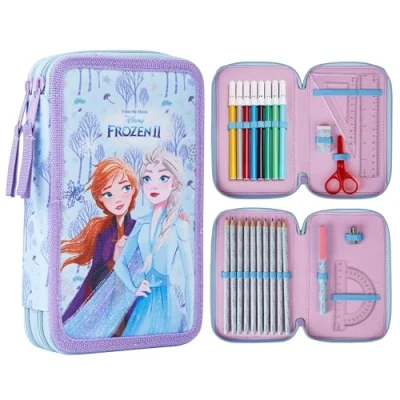 Imagen de Disney Estuche de Lápices con Papelería para Niñas, Estuches Escolares, Colores, Rotuladores (Frozen Cremallera Doble)
