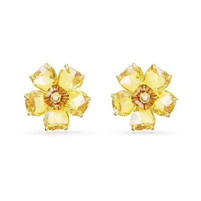 Imagen de Swarovski Pendientes de Botón Florere, Cristales Amarillo en Forma Flor, Baño tono oro, la Colección Florere