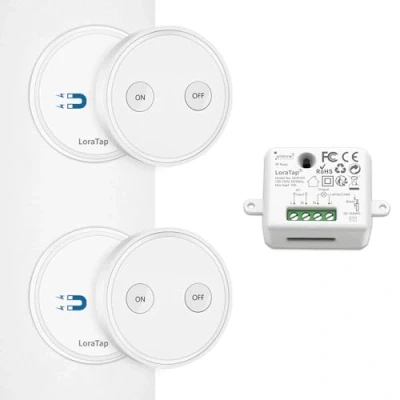 Imagen de Kit de Interruptor Luces Inalámbricas, LoraTap 2 Piezas Inalámbrico + Receptor Relevo 2500W Control Remoto Radio 200m Mando a Distancia para Casa Iluminación y Electrodomésticos
